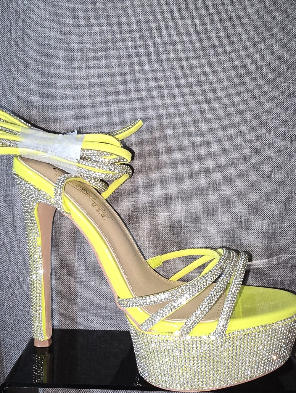 Luminous Yellow Rhinestone Lace-Up Platform Heels - Picture 9 of 15